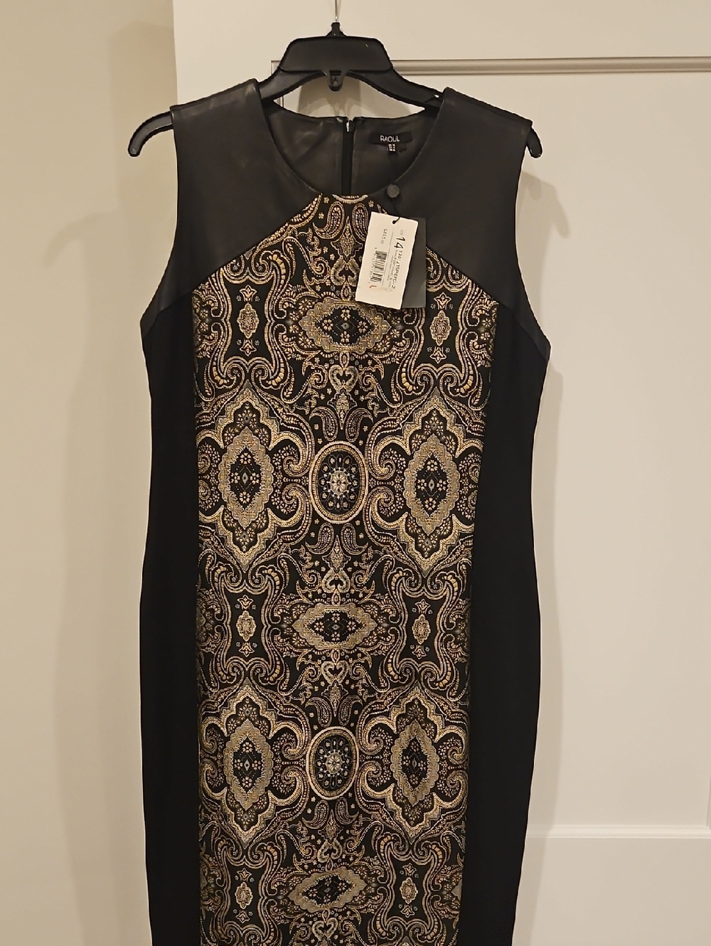 NWT Raoul Black and Gold Brocade Midi Dress Shift Dress Size 14